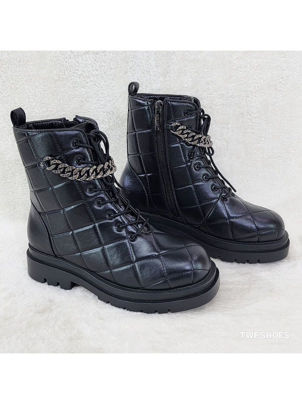 Diamond Stich Combat Boots Rhinestone Chain Side Zip Black Bling Bootie